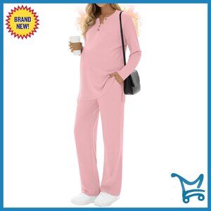 Thermal Maternity Lounge Set Fleece Top Wide Leg Pant Postpartum
